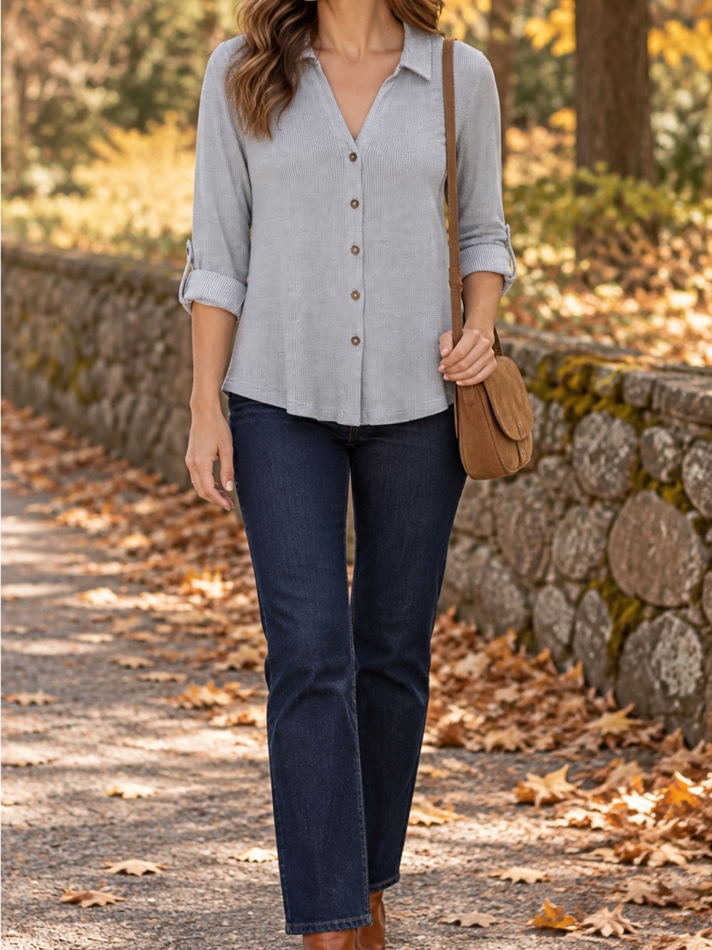 Jane + Delancey Gray Waffle Knit Button Front Top Roll Tab Sleeves